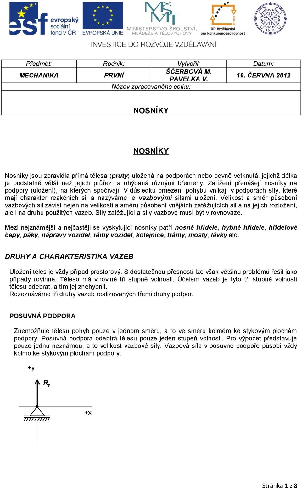 ohýbaná různými břemeny. Zatíţení přenášejí nosníky na podpory (uloţení), na kterých spočívají.