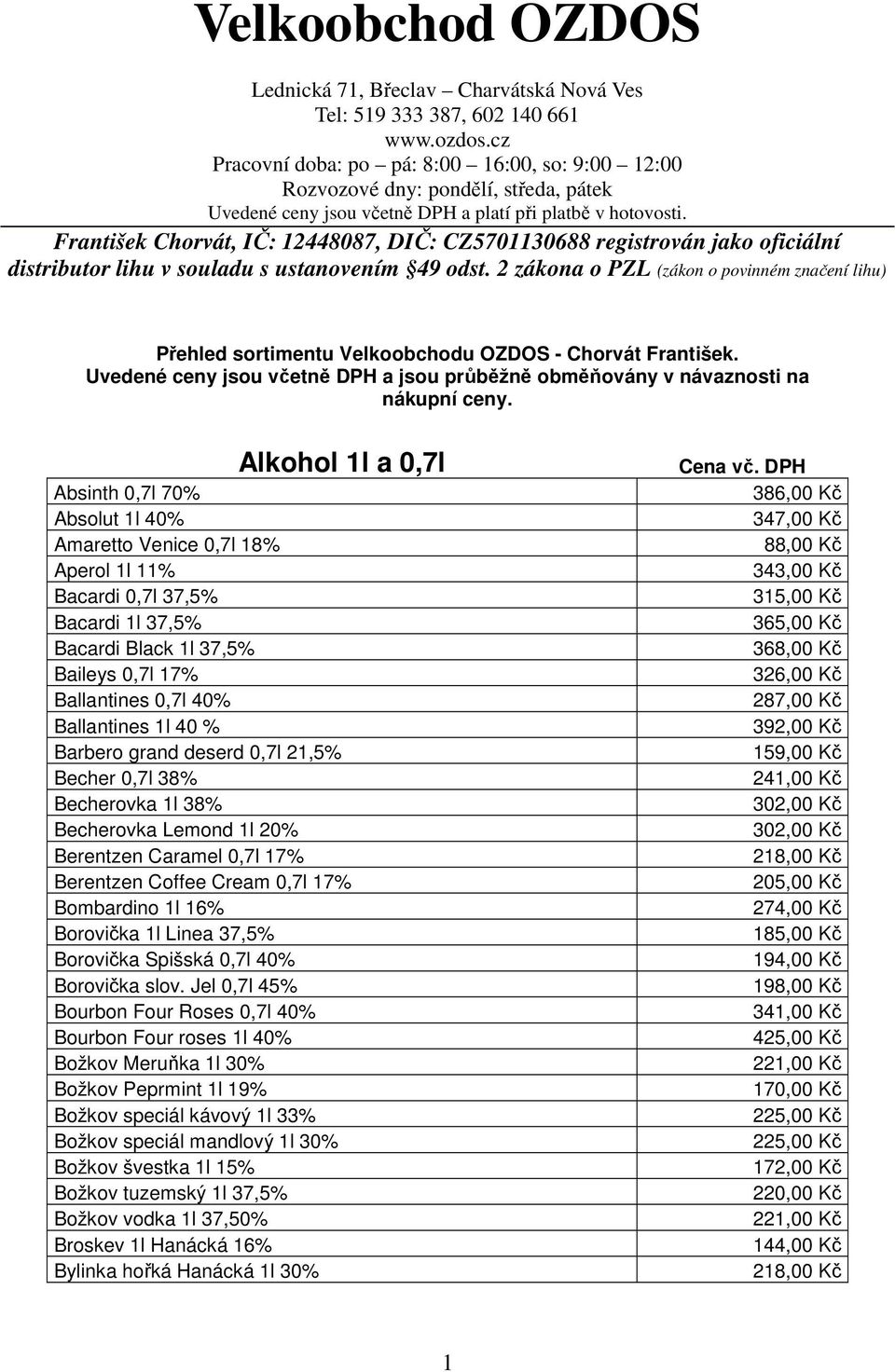 František Chorvát, IČ: 12448087, DIČ: CZ5701130688 registrován jako oficiální distributor lihu v souladu s ustanovením 49 odst.