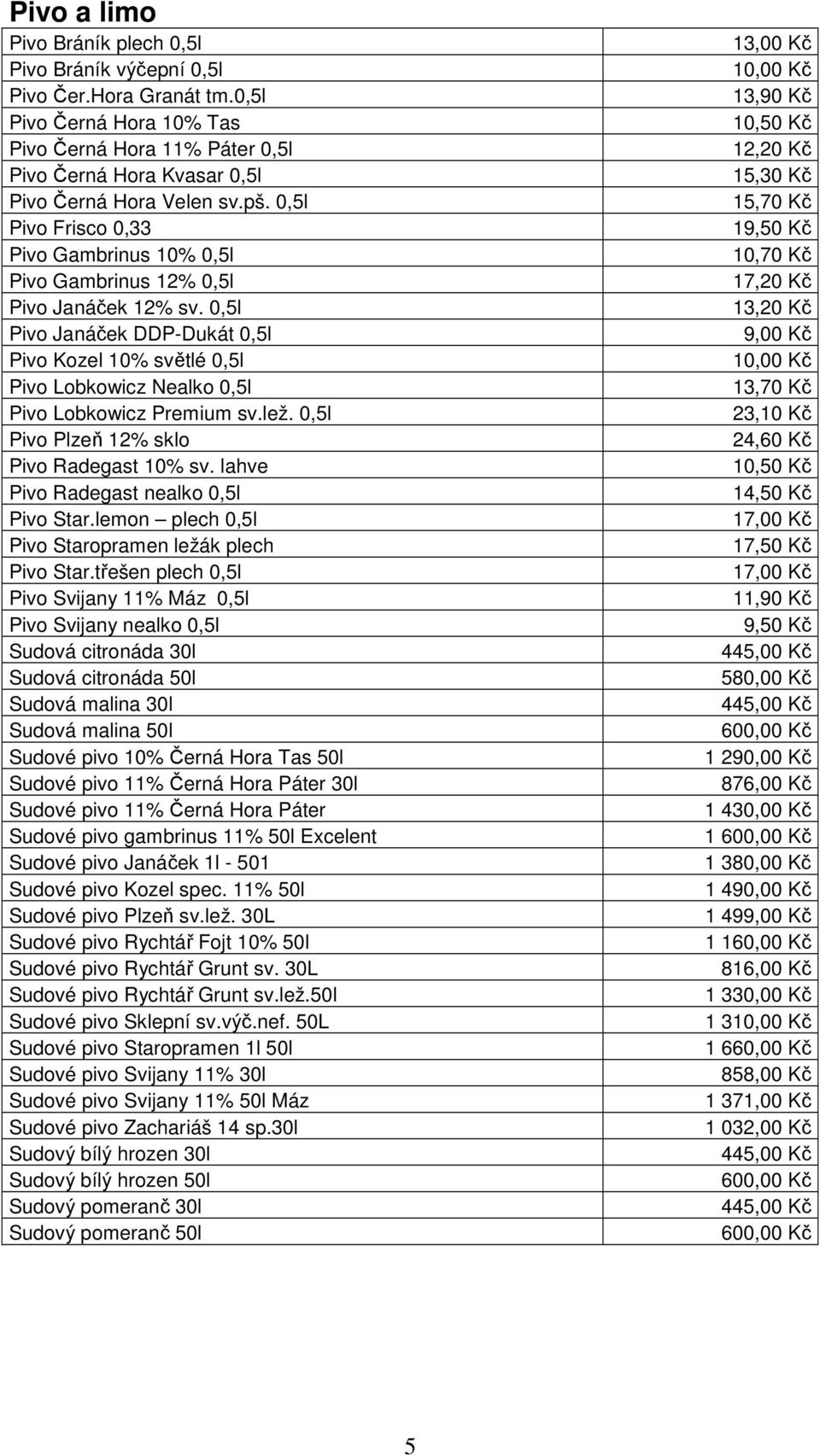 0,5l Pivo Janáček DDP-Dukát 0,5l Pivo Kozel 10% světlé 0,5l Pivo Lobkowicz Nealko 0,5l Pivo Lobkowicz Premium sv.lež. 0,5l Pivo Plzeň 12% sklo Pivo Radegast 10% sv.