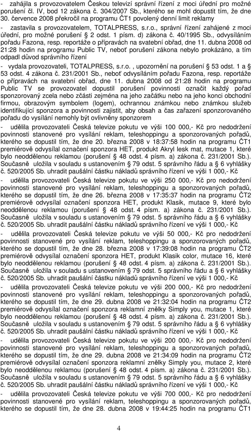 dubna 2008 od 21:28 hodin na programu Public TV, neboť porušení zákona nebylo prokázáno, a tím odpadl důvod správního řízení - vydala provozovateli, TOTALPRESS, s.r.o., upozornění na porušení 53 odst.