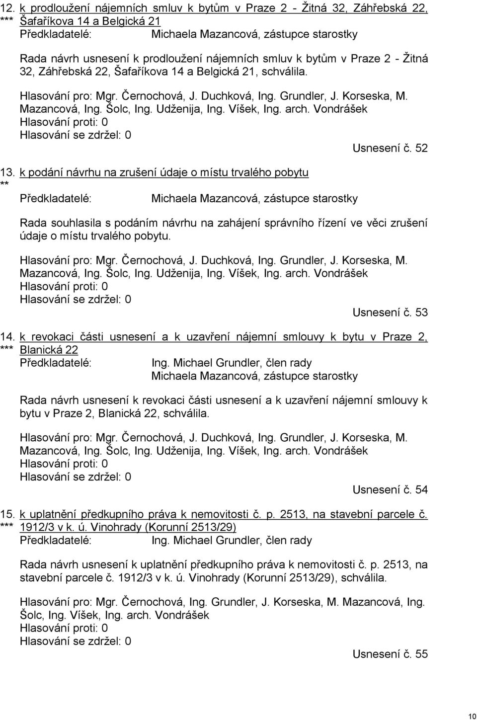 Šolc, Ing. Udženija, Ing. Víšek, Ing. arch. Vondrášek Hlasování proti: 0 Hlasování se zdržel: 0 Usnesení č. 52 13.