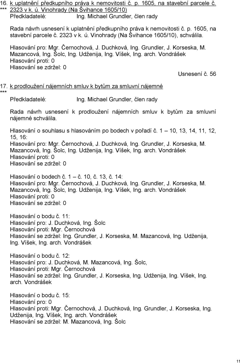 Hlasování pro: Mgr. Černochová, J. Duchková, Ing. Grundler, J. Korseska, M. Mazancová, Ing. Šolc, Ing. Udženija, Ing. Víšek, Ing. arch. Vondrášek Hlasování proti: 0 Hlasování se zdržel: 0 Usnesení č.