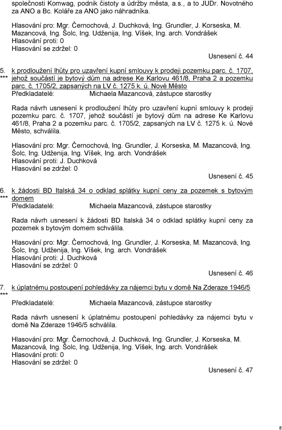 44 k prodloužení lhůty pro uzavření kupní smlouvy k prodeji pozemku parc. č. 1707, jehož součástí je bytový dům na adrese Ke Karlovu 461/8, Praha 2 a pozemku parc. č. 1705/2, zapsaných na LV č.