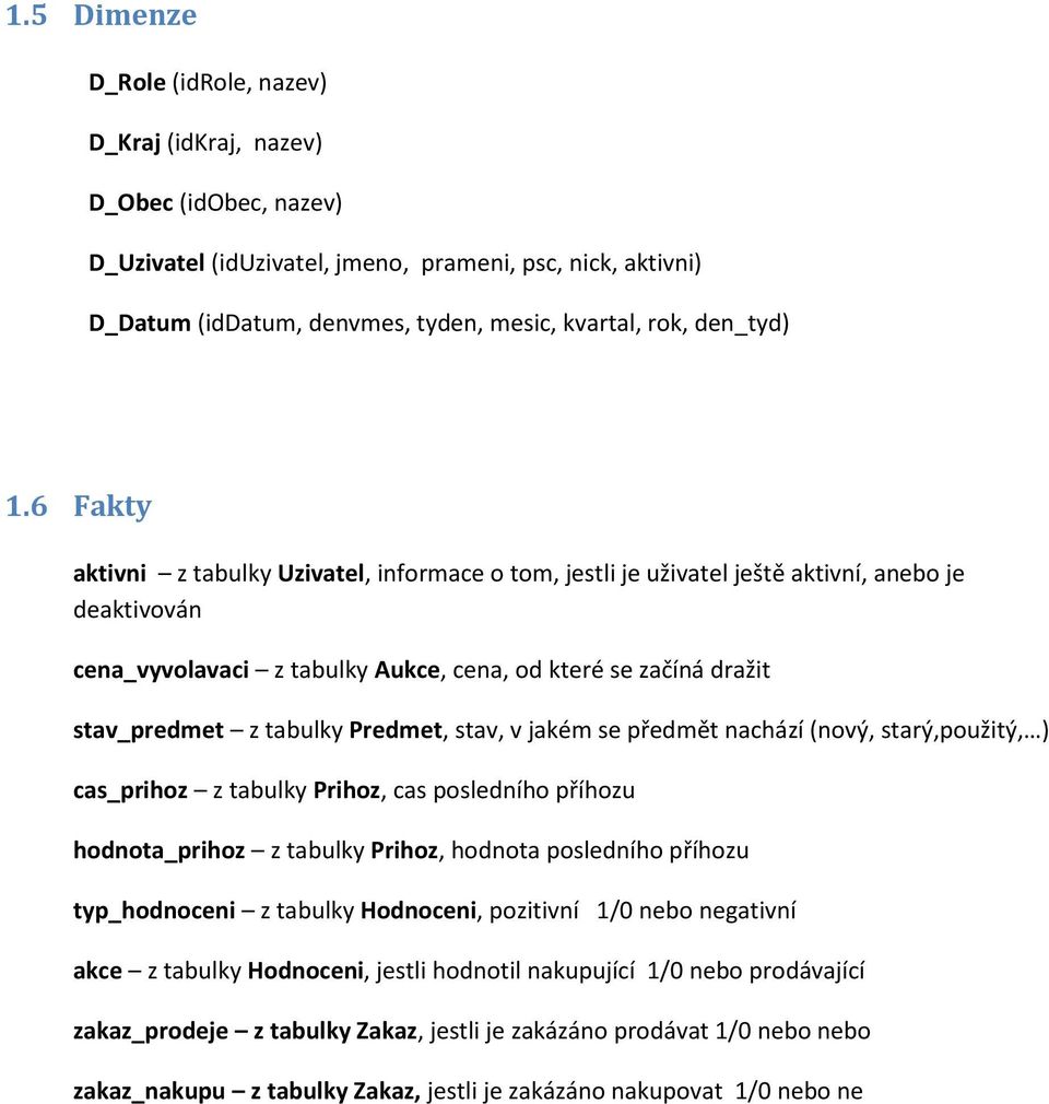 6 Fakty aktivni z tabulky Uzivatel, informace o tom, jestli je uživatel ještě aktivní, anebo je deaktivován cena_vyvolavaci z tabulky Aukce, cena, od které se začíná dražit stav_predmet z tabulky