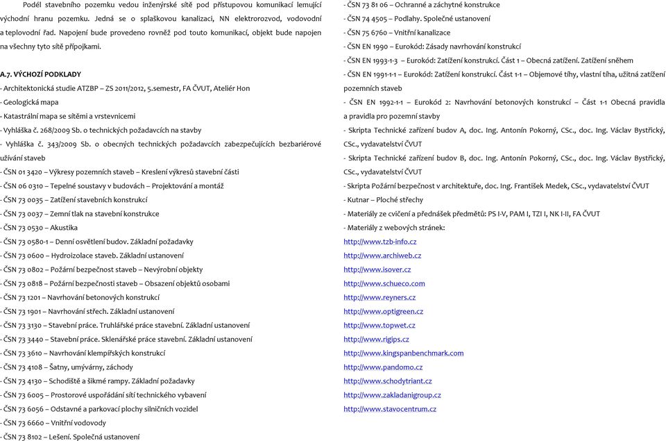 semestr, FA ČVUT, Ateliér Hon Geologická mapa Katastrální mapa se sítěmi a vrstevnicemi Vyhláška č. 268/2009 Sb. o technických požadavcích na stavby Vyhláška č. 343/2009 Sb.