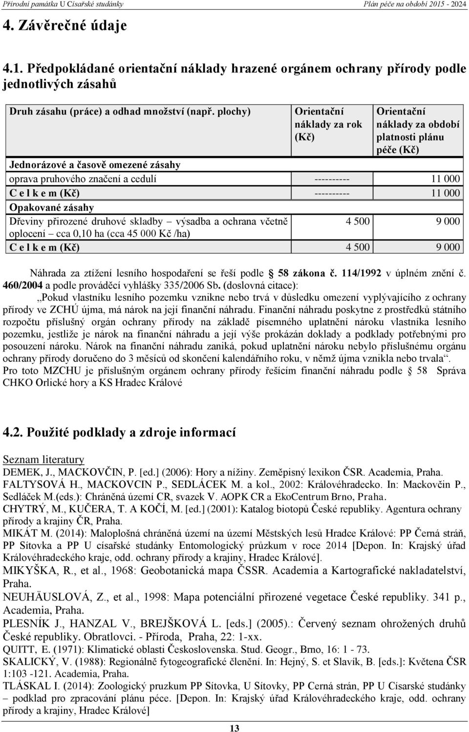 ---------- 11 000 Opakované zásahy Dřeviny přirozené druhové skladby výsadba a ochrana včetně 4 500 9 000 oplocení cca 0,10 ha (cca 45 000 Kč /ha) C e l k e m (Kč) 4 500 9 000 Náhrada za ztížení