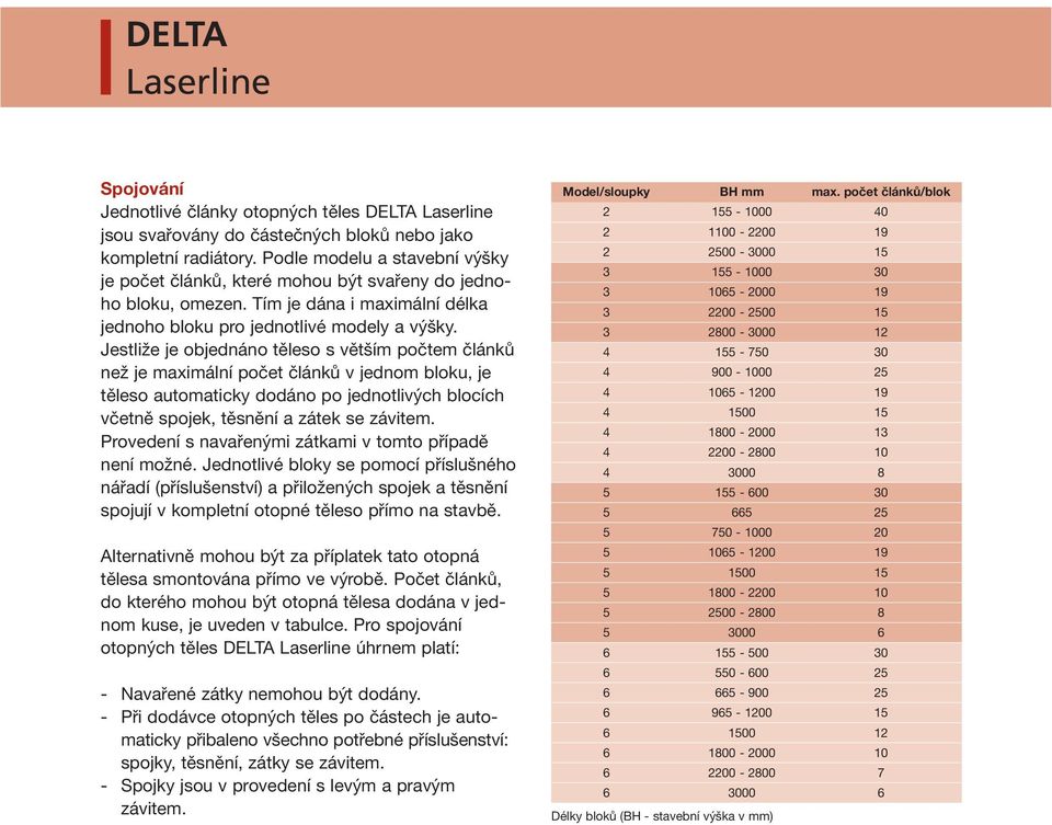 Jestliže je objednáno těleso s větším počtem článků než je maximální počet článků v jednom bloku, je těleso automaticky dodáno po jednotlivých blocích včetně spojek, těsnění a zátek se závitem.