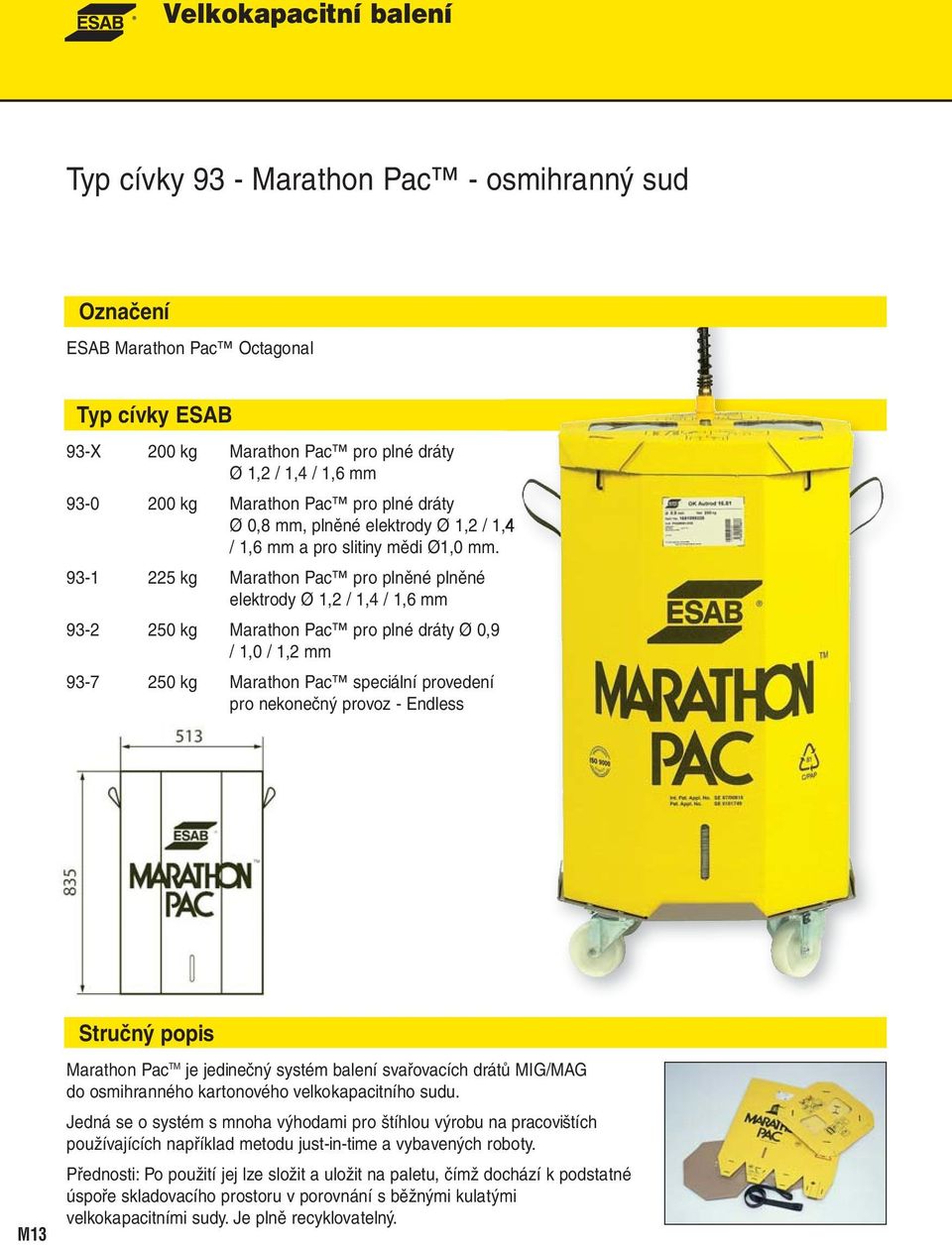 93-1 225 kg Marathon Pac pro plněné plněné elektrody Ø 1,2 / 1,4 / 1,6 mm 93-2 250 kg Marathon Pac pro plné dráty Ø 0,9 / 1,0 / 1,2 mm 93-7 250 kg Marathon Pac speciální provedení pro nekonečný