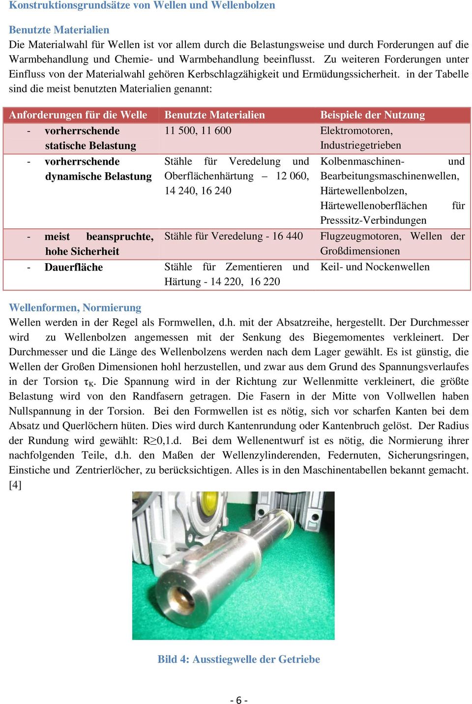 in der Tabelle sind die meist benutzten Materialien genannt: Anforderungen für die Welle Benutzte Materialien Beispiele der Nutzung 11 500, 11 600 Elektromotoren, Industriegetrieben - vorherrschende