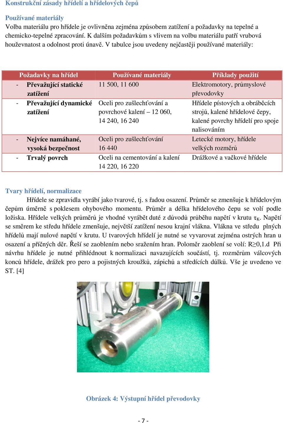 V tabulce jsou uvedeny nejčastěji používané materiály: Požadavky na hřídel Používané materiály Příklady použití 11 500, 11 600 Elektromotory, průmyslové převodovky - Převažující statické zatížení -