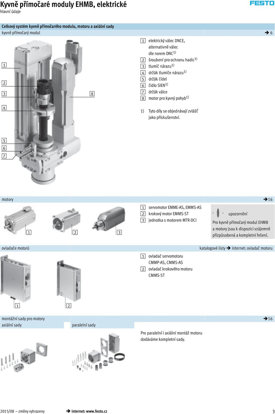 5 6 7 motory 16 1 2 3 1 servomotor EMME-AS, EMMS-AS 2 krokový motor EMMS-ST 3 jednotka s motorem MTR-DCI -H- upozornění Pro kyvně přímočarý modul EHMB a motory jsou k dispozici vzájemně přizpůsobená