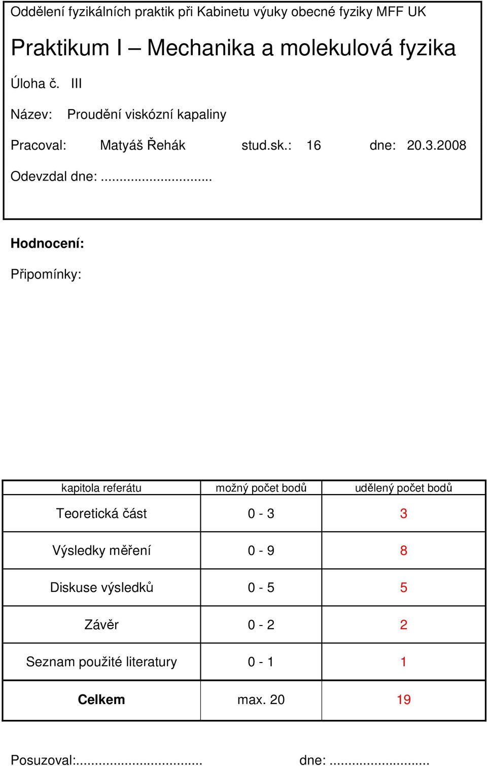 .. Hodnocení: Připomínky: kapitola referátu možný počet bodů udělený počet bodů Teoretická část 0-3 3 Výsledky