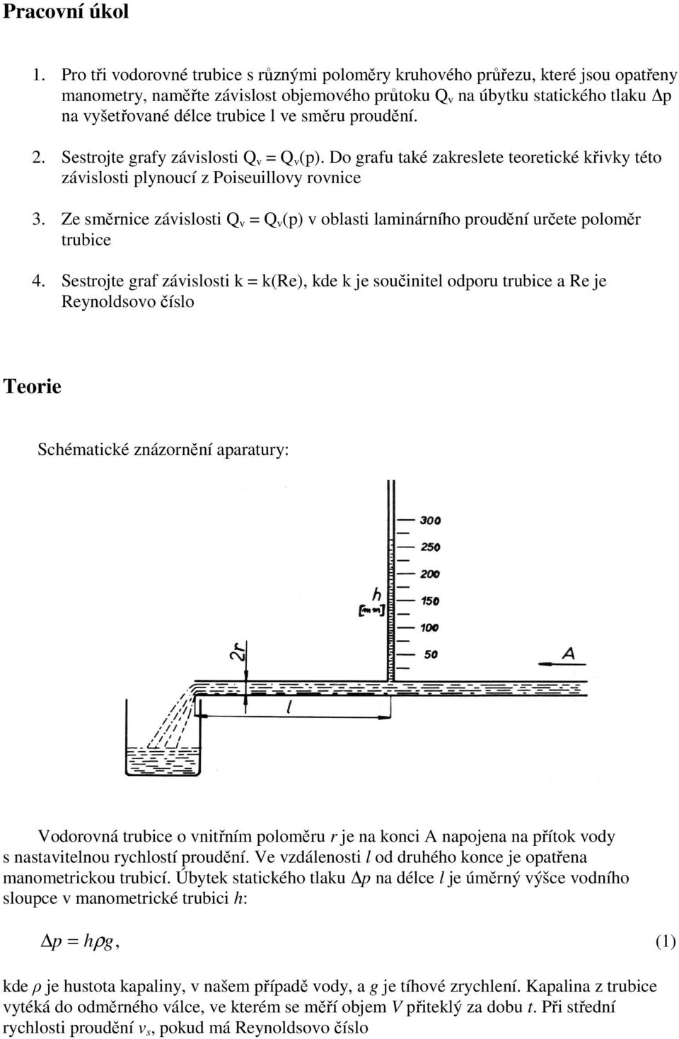 směru proudění. 2. Sestrojte grafy závislosti Q v = Q v (p). Do grafu také zakreslete teoretické křivky této závislosti plynoucí z Poiseuillovy rovnice 3.