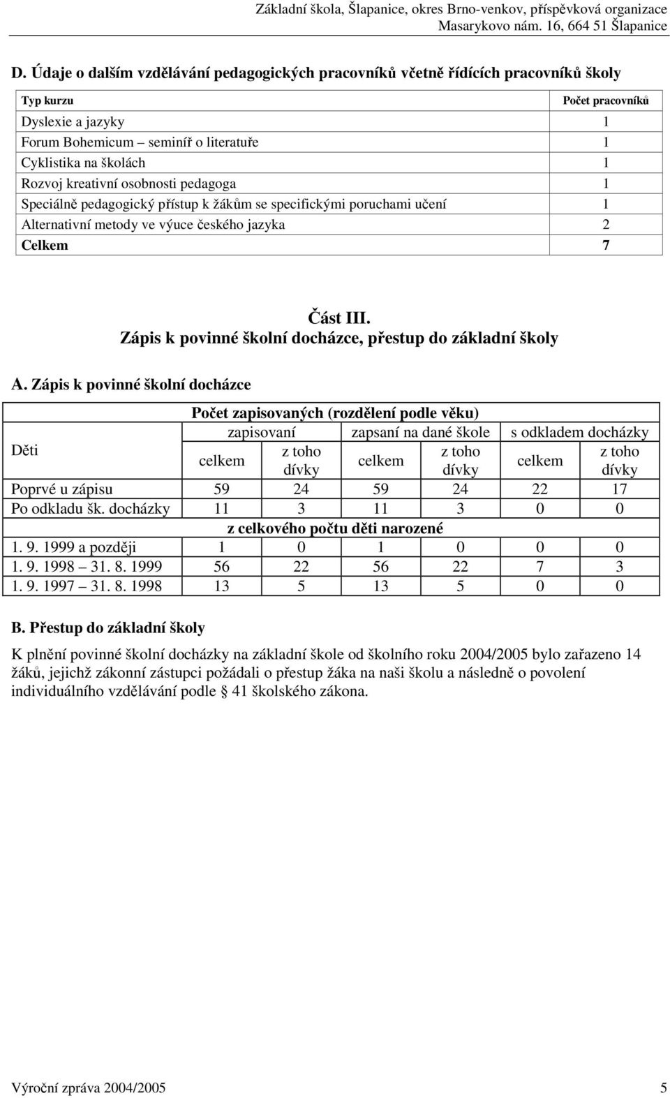 Zápis k povinné školní docházce, přestup do základní školy A.