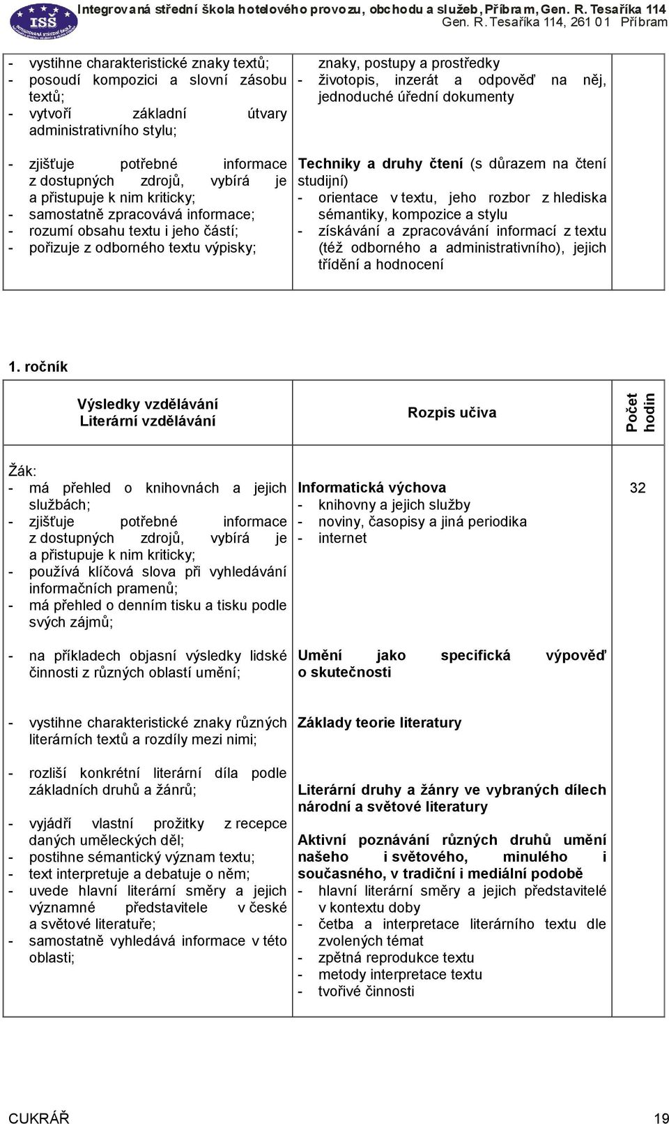 jednoduché úřední dokumenty Techniky a druhy čtení (s důrazem na čtení studijní) orientace v textu, jeho rozbor z hlediska sémantiky, kompozice a stylu získávání a zpracovávání informací z textu (též