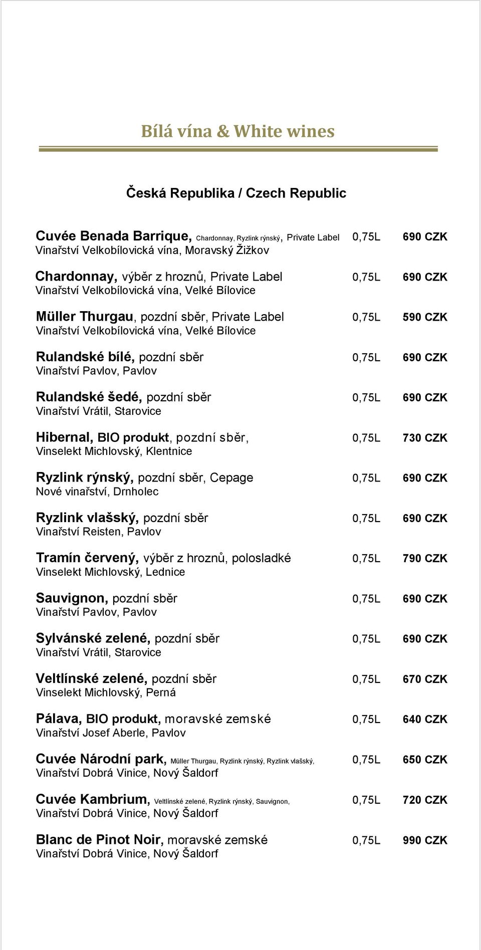Starovice Hibernal, BIO produkt, pozdní sběr, 0,75L 730 CZK Vinselekt Michlovský, Klentnice Ryzlink rýnský, pozdní sběr, Cepage 0,75L 690 CZK Nové vinařství, Drnholec Ryzlink vlašský, pozdní sběr