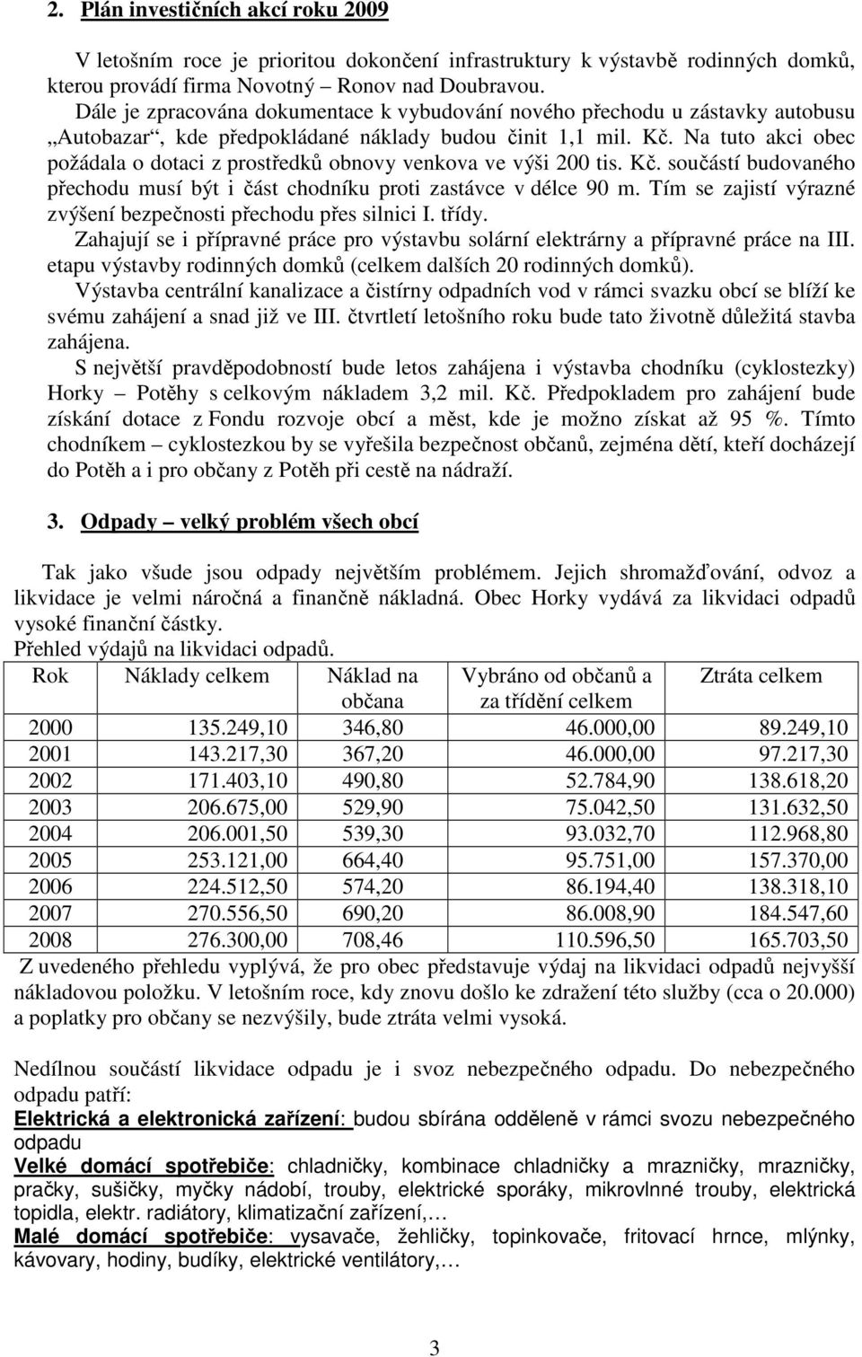 Na tuto akci obec požádala o dotaci z prostředků obnovy venkova ve výši 200 tis. Kč. součástí budovaného přechodu musí být i část chodníku proti zastávce v délce 90 m.