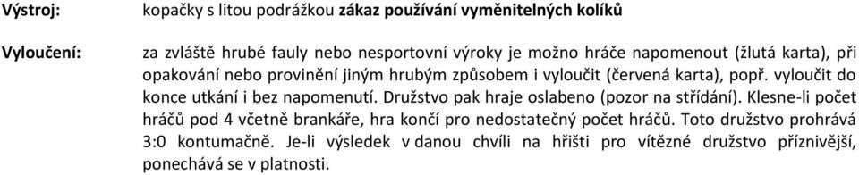 vyloučit do konce utkání i bez napomenutí. Družstvo pak hraje oslabeno (pozor na střídání).