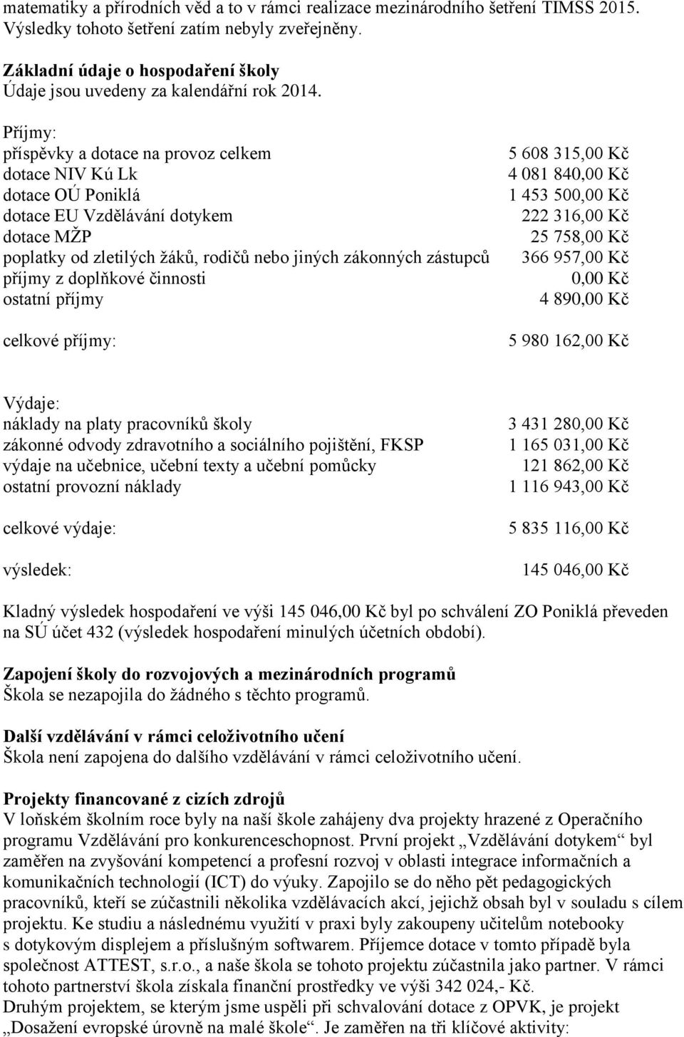 Příjmy: příspěvky a dotace na provoz celkem dotace NIV Kú Lk dotace OÚ Poniklá dotace EU Vzdělávání dotykem dotace MŽP poplatky od zletilých žáků, rodičů nebo jiných zákonných zástupců příjmy z