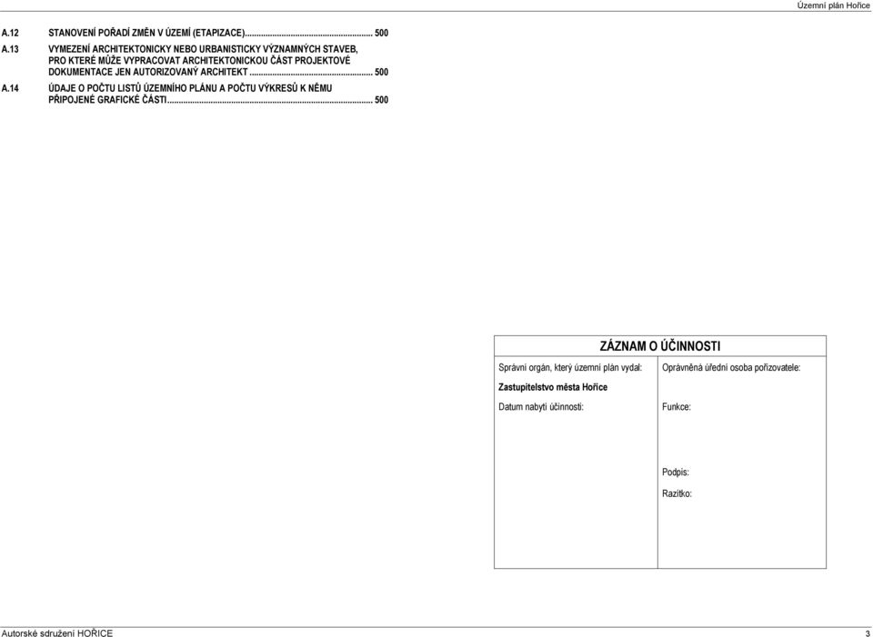 DOKUMENTACE JEN AUTORIZOVANÝ ARCHITEKT... 500 A.14 ÚDAJE O POČTU LISTŮ ÚZEMNÍHO PLÁNU A POČTU VÝKRESŮ K NĚMU PŘIPOJENÉ GRAFICKÉ ČÁSTI.