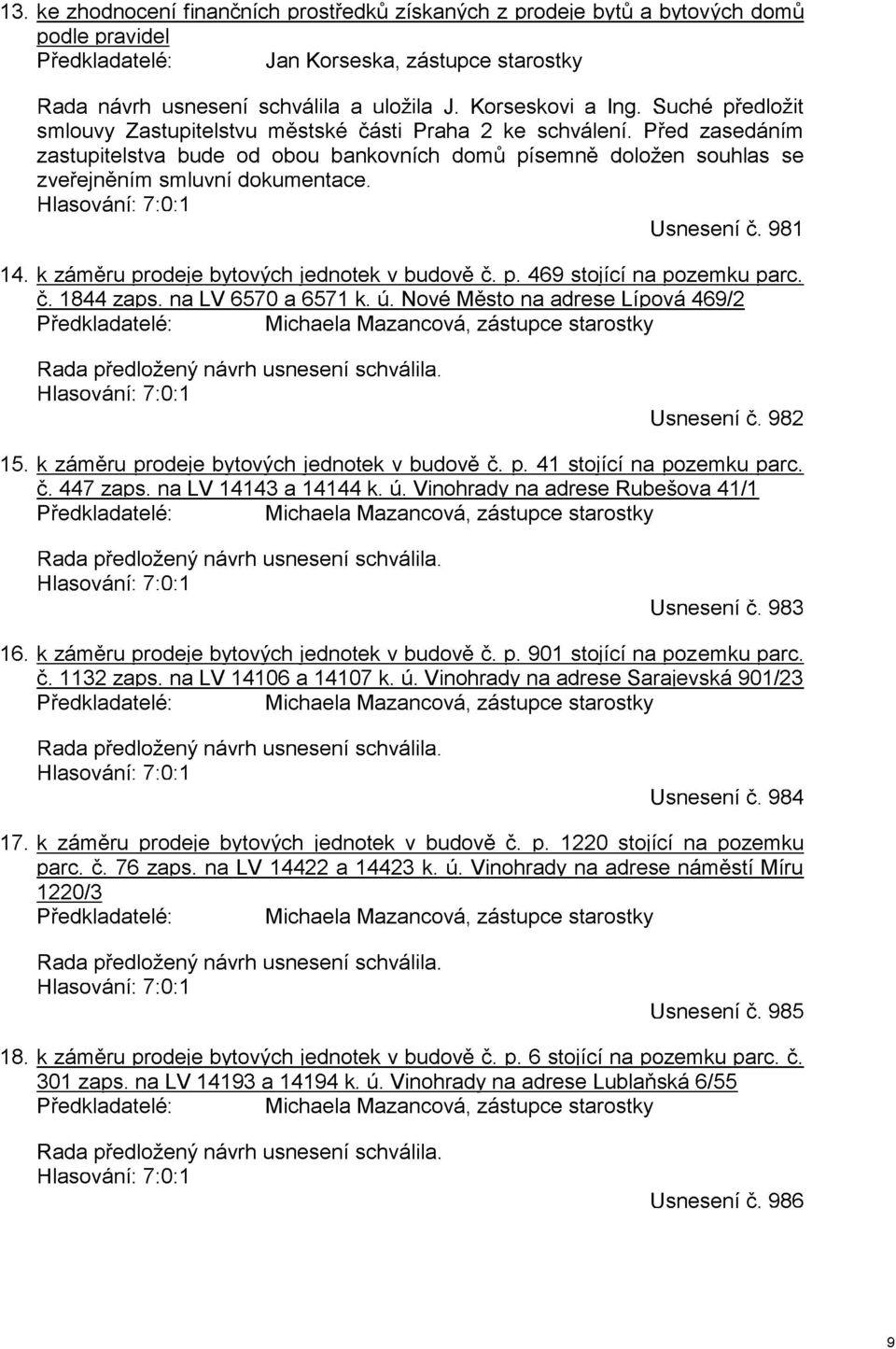 Před zasedáním zastupitelstva bude od obou bankovních domů písemně doložen souhlas se zveřejněním smluvní dokumentace. Hlasování: 7:0:1 Usnesení č. 981 14.