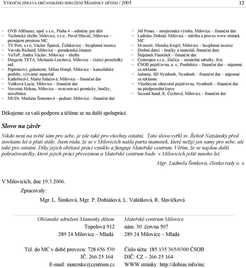 Papírnictví, galanterie, Milan Himpl, Milovice kancelářské potřeby, výtvarný materiál Kadeřnictví, Marta Salačová, Milovice finanční dar Vaňková Lucie, Milovice finanční dar Novotná Helena, Milovice