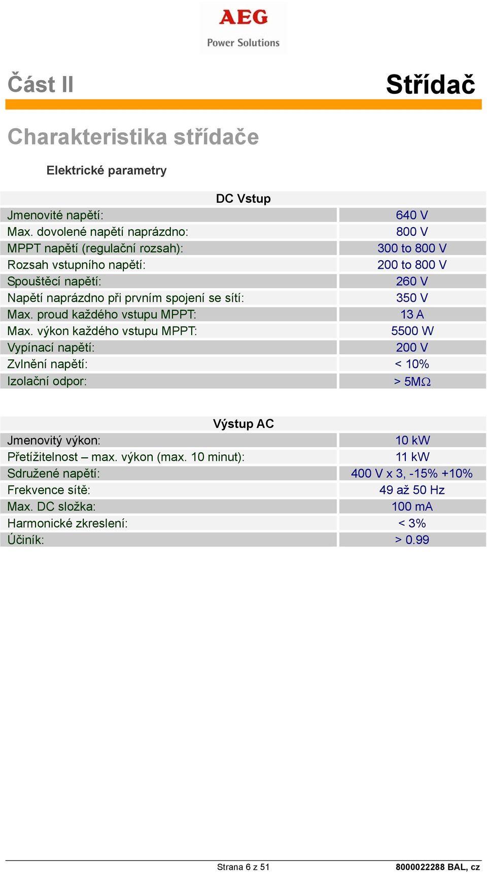 prvním spojení se sítí: 350 V Max. proud každého vstupu MPPT: 13 A Max.