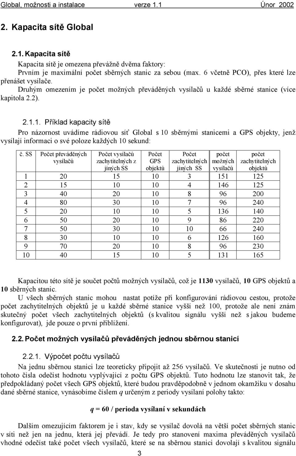 1. Příklad kapacity sítě Pro názornost uvádíme rádiovou síť Global s 10 sběrnými stanicemi a GPS objekty, jenž vysílají informaci o svépoloze kaž dých 10 sekund: č.