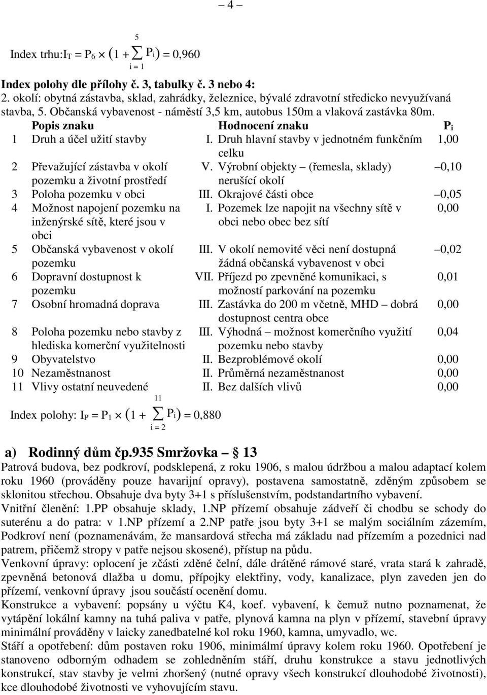 Popis znaku Hodnocení znaku P i 1 Druh a účel užití stavby I. Druh hlavní stavby v jednotném funkčním 1,00 celku 2 Převažující zástavba v okolí V.