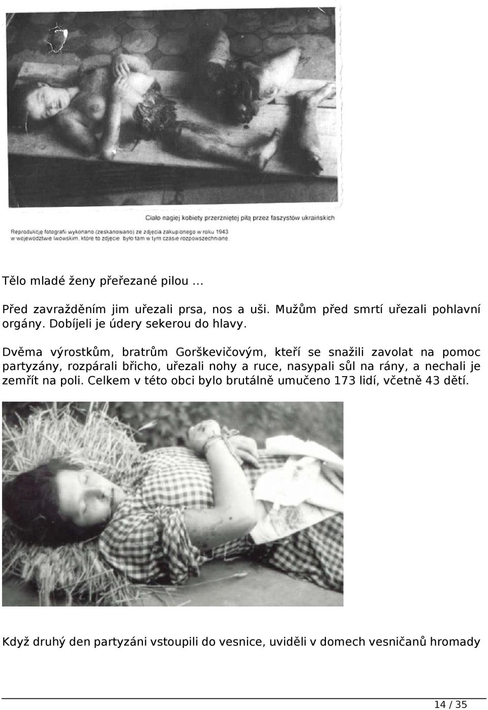 Dvěma výrostkům, bratrům Gorškevičovým, kteří se snažili zavolat na pomoc partyzány, rozpárali břicho, uřezali nohy a