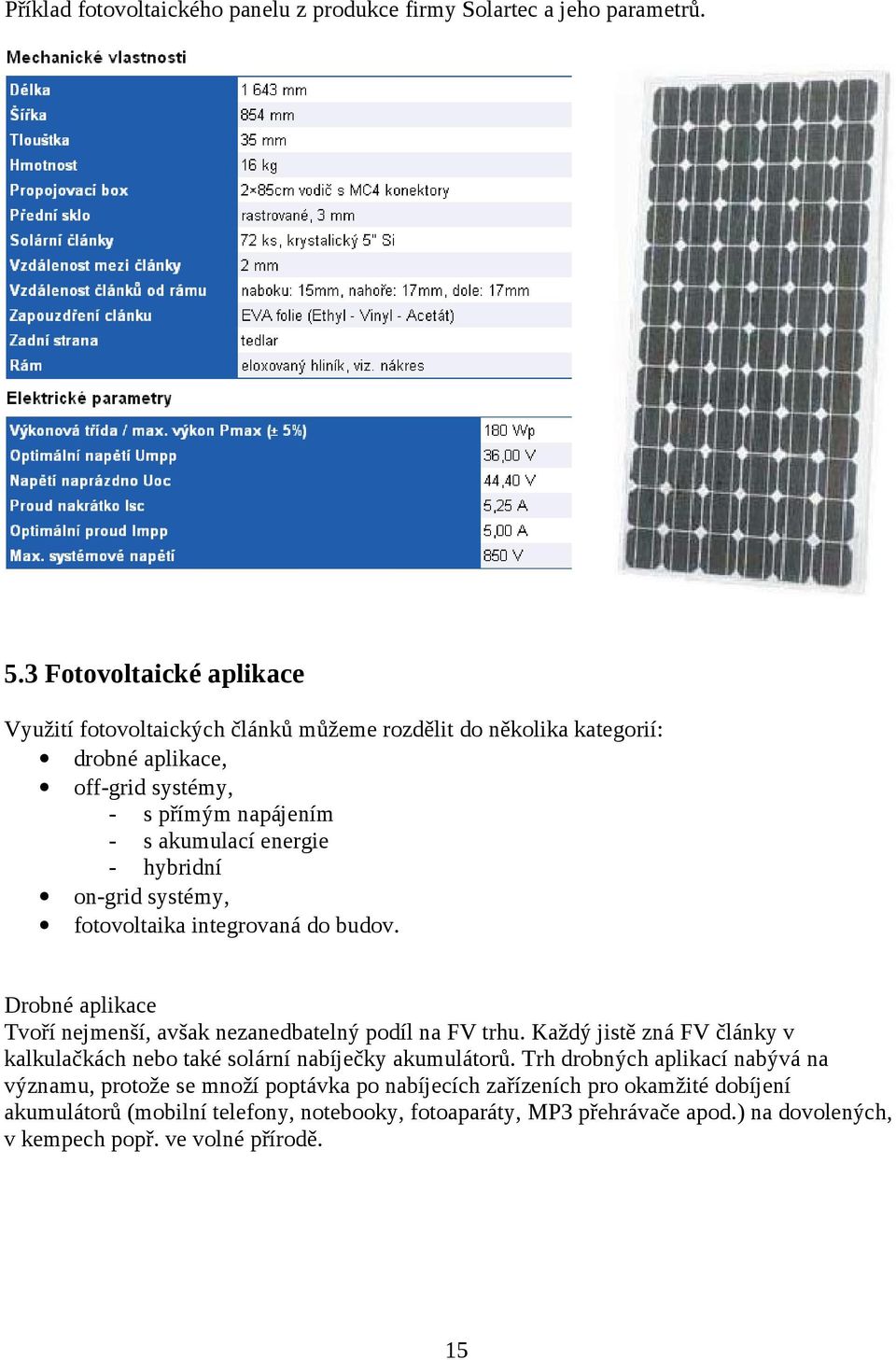 hybridní on-grid systémy, fotovoltaika integrovaná do budov. Drobné aplikace Tvoří nejmenší, avšak nezanedbatelný podíl na FV trhu.