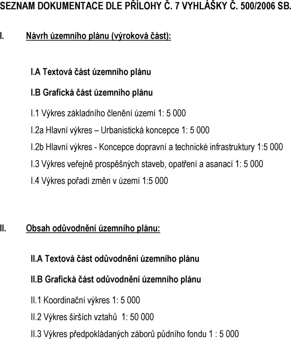 3 Výkres veřejně prospěšných staveb, opatření a asanací 1: 5 000 I.4 Výkres pořadí změn v území 1:5 000 II. Obsah odůvodnění územního plánu: II.