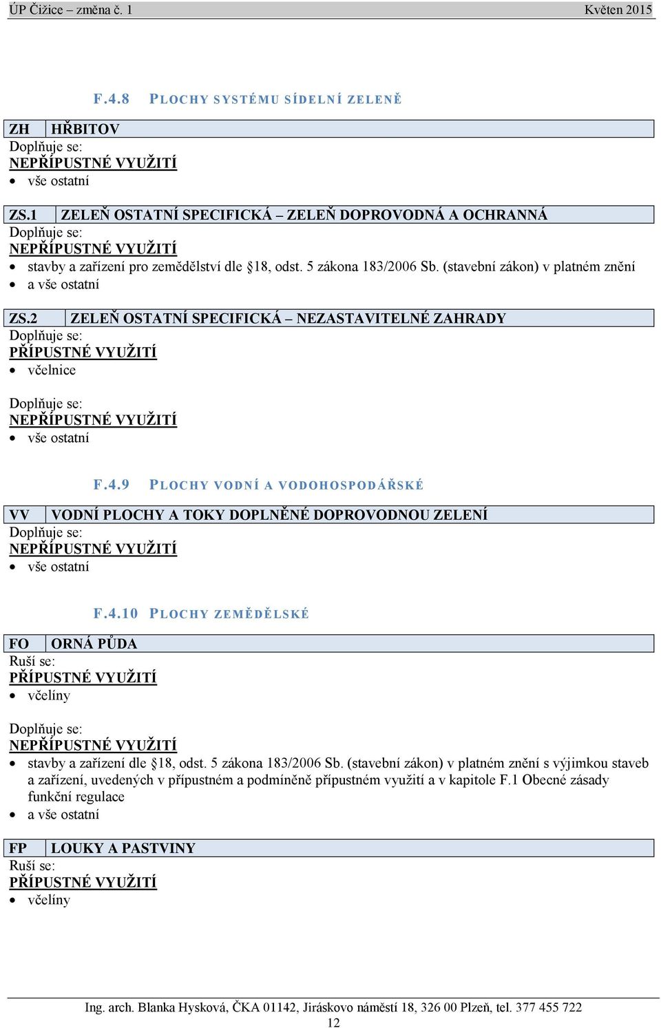 9 PLOCHY VODNÍ A VODOHOSPODÁŘSKÉ VV VODNÍ PLOCHY A TOKY DOPLNĚNÉ DOPROVODNOU ZELENÍ vše ostatní FO ORNÁ PŮDA Ruší se: PŘÍPUSTNÉ VYUŽITÍ včelíny F.4.