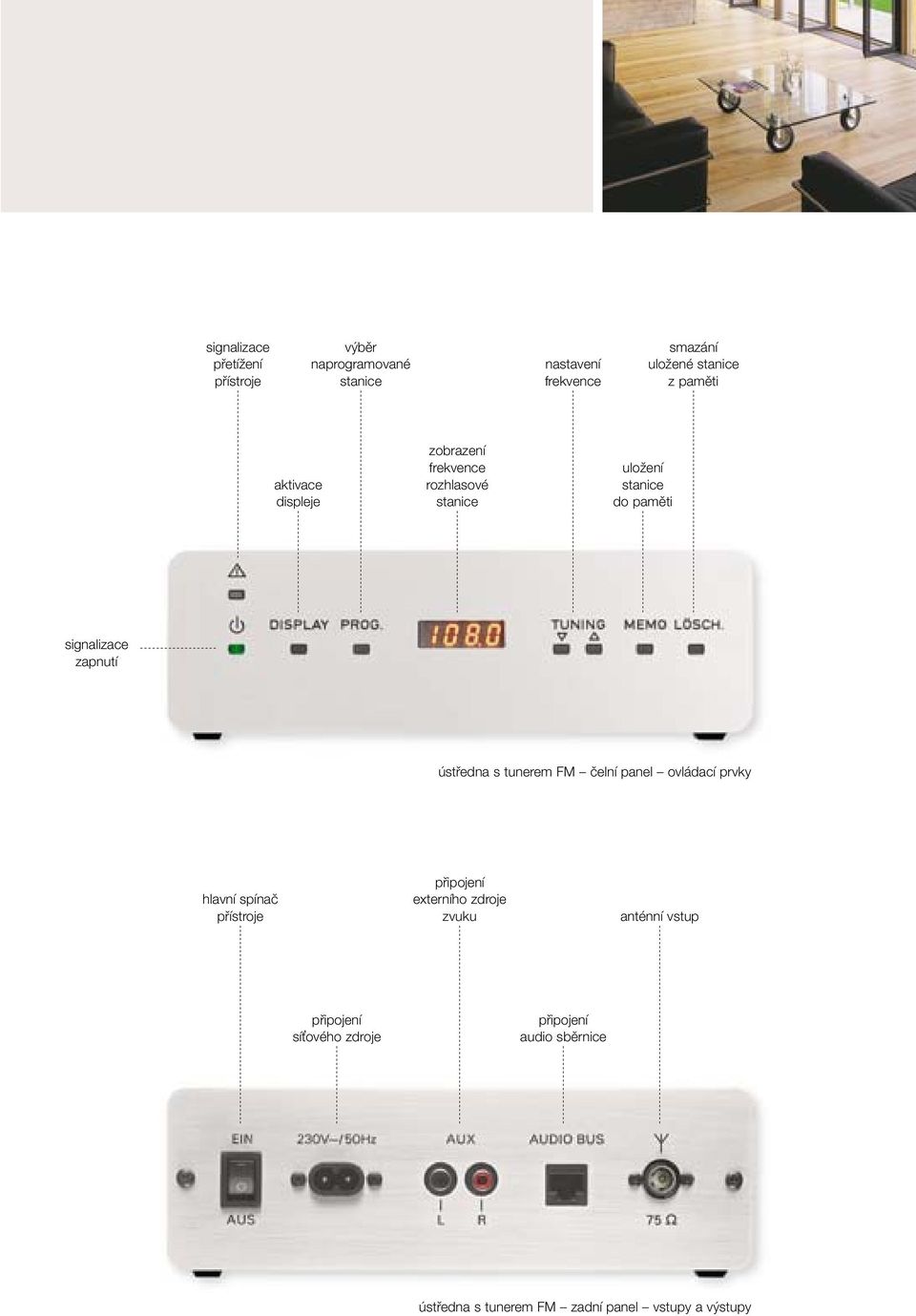 ústředna s tunerem FM čelní panel ovládací prvky hlavní spínač přístroje připojení externího zdroje zvuku
