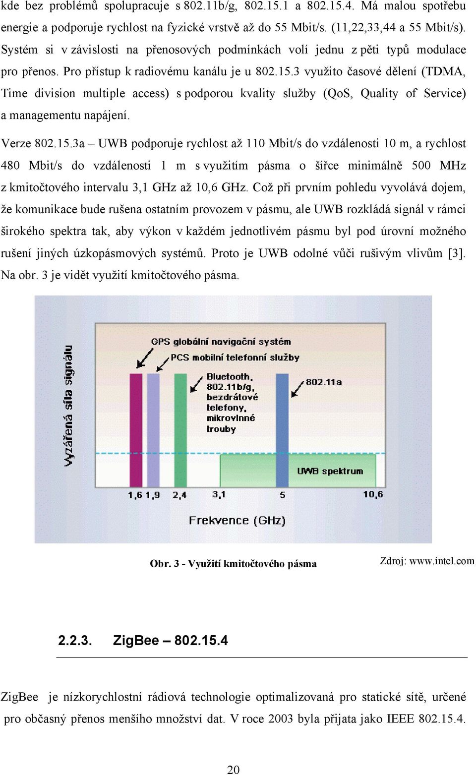 3 využito časové dělení (TDMA, Time division multiple access) s podporou kvality služby (QoS, Quality of Service) a managementu napájení. Verze 802.15.