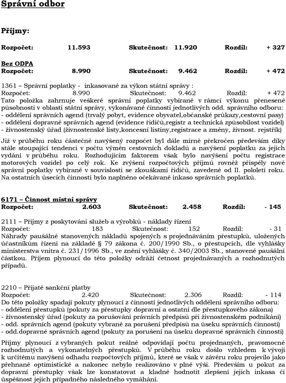 462 Rozdíl: + 472 Tato položka zahrnuje veškeré správní poplatky vybírané v rámci výkonu přenesené působnosti v oblasti státní správy, vykonávané činností jednotlivých odd.