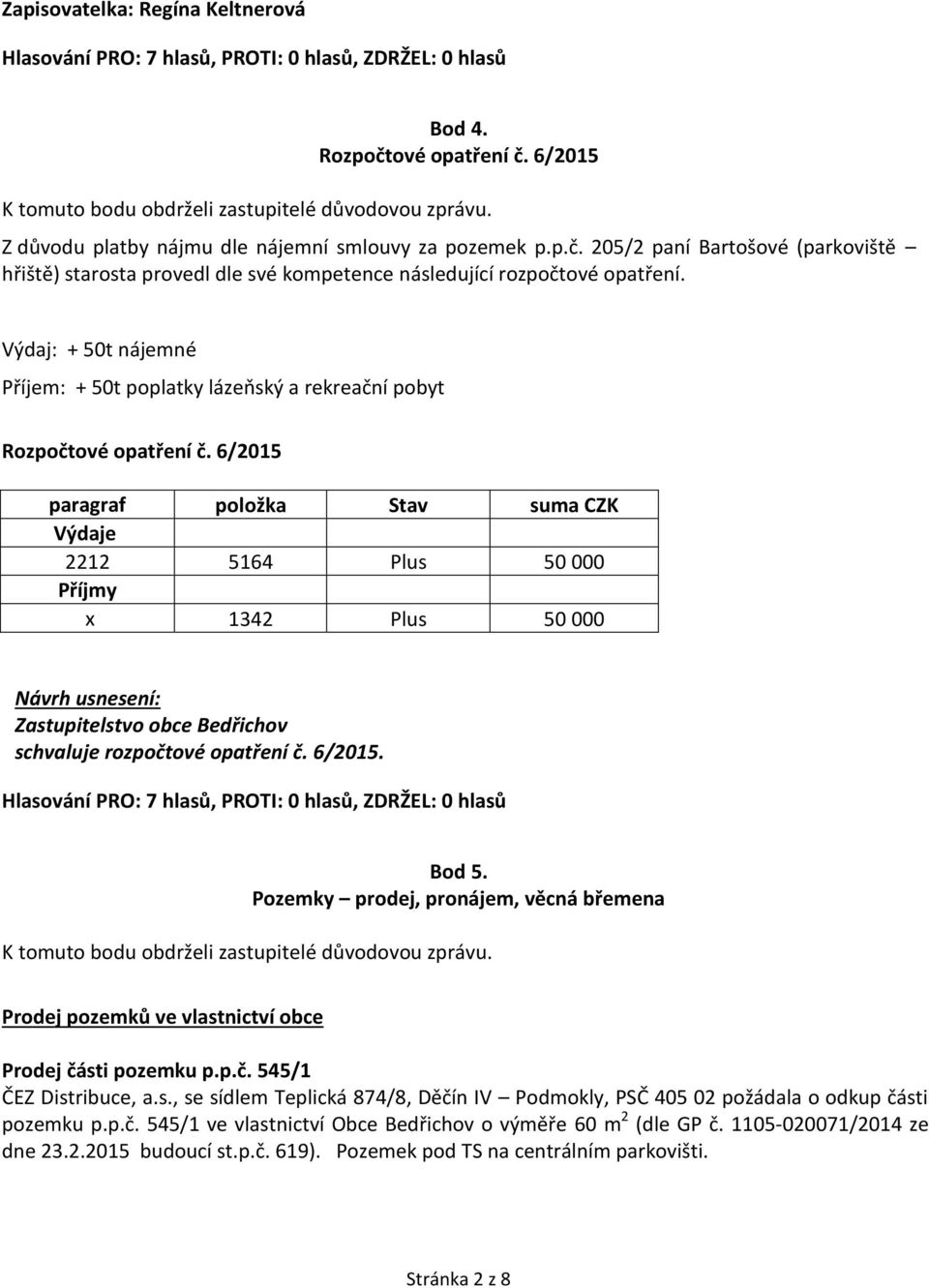 6/2015 paragraf položka Stav suma CZK Výdaje 2212 5164 Plus 50 000 Příjmy x 1342 Plus 50 000 schvaluje rozpočtové opatření č. 6/2015. Bod 5.