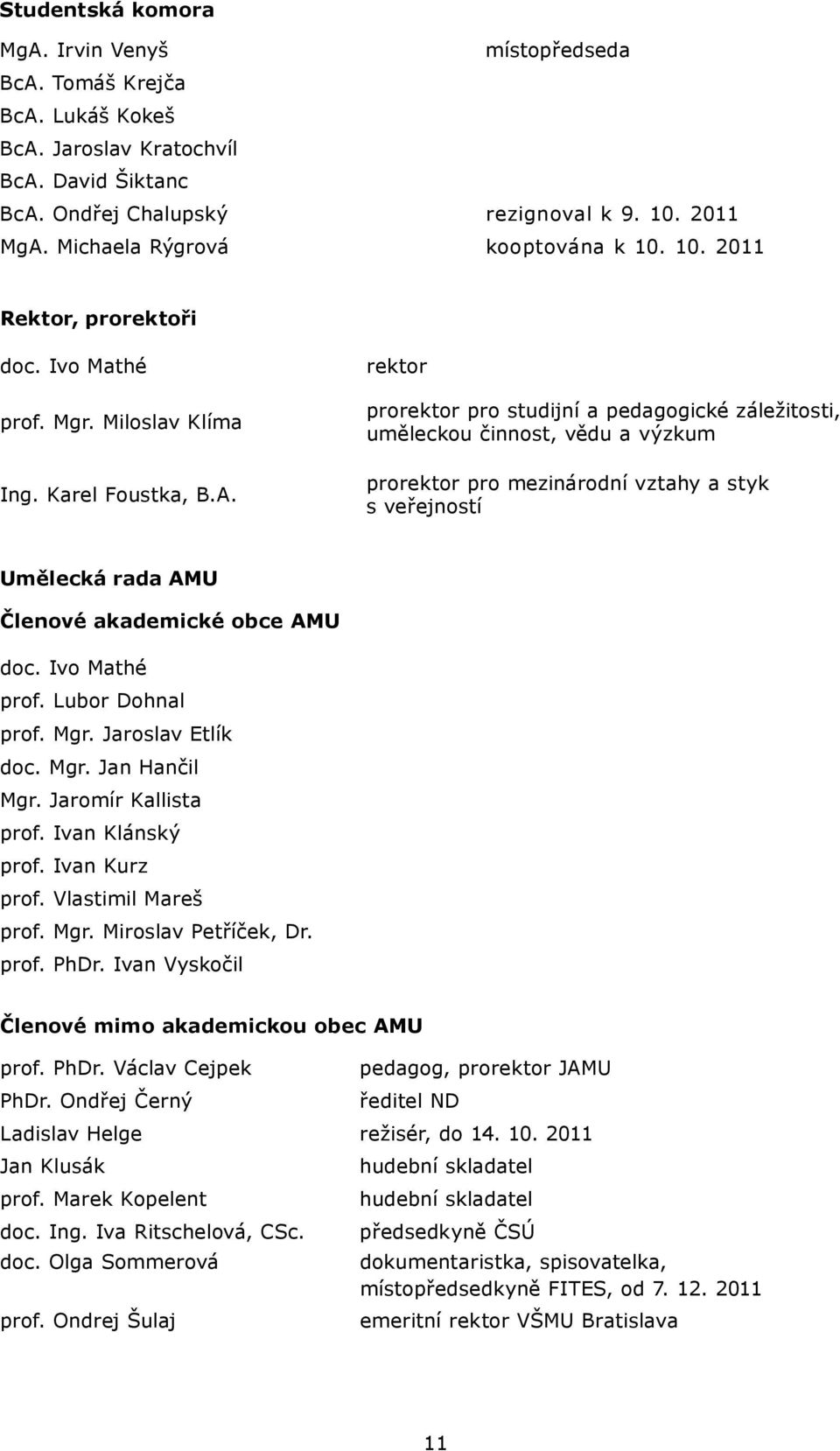 rektor prorektor pro studijní a pedagogické záležitosti, uměleckou činnost, vědu a výzkum prorektor pro mezinárodní vztahy a styk s veřejností Umělecká rada AMU Členové akademické obce AMU doc.
