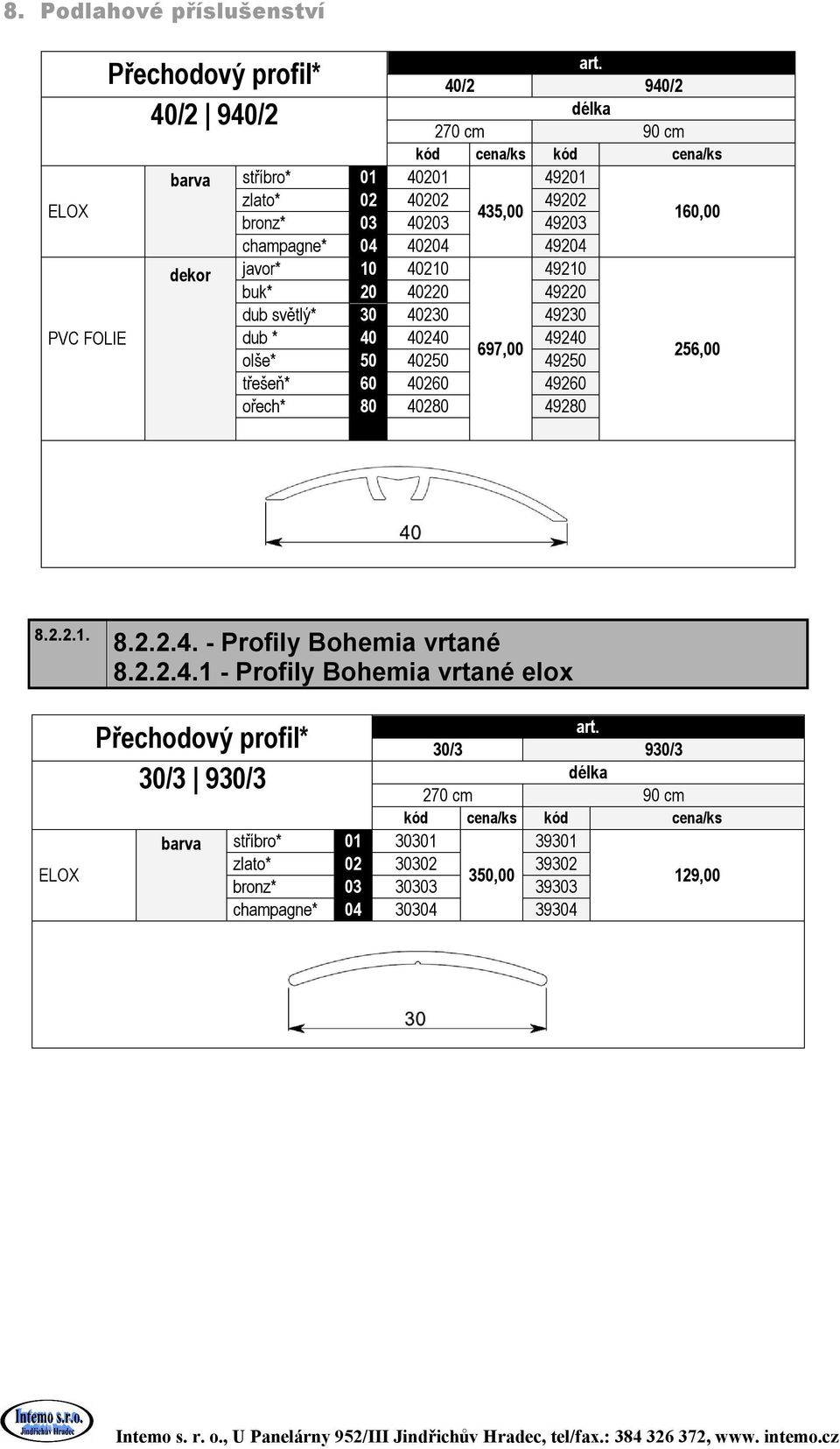 40260 49260 ořech* 80 40280 49280 160,00 256,00 8.2.2.1. 8.2.2.4. - Profily Bohemia vrtané 8.2.2.4.1 - Profily Bohemia vrtané elox