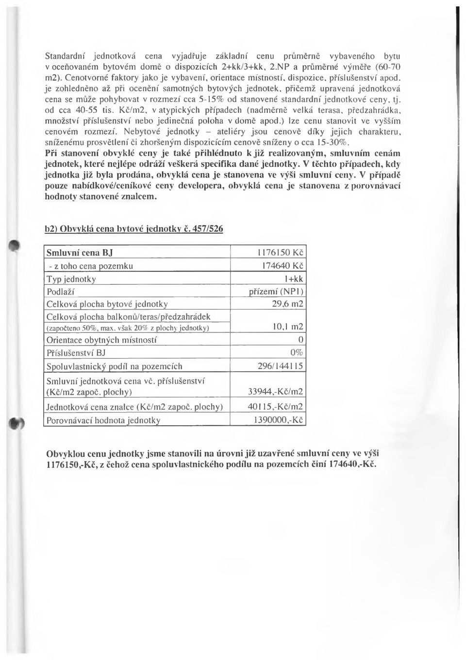 je zohledněno až při ocenění samotných bytových jednotek, přičemž upravená jednotková cena se může pohybovat v rozmezí cca 5-15% od stanovené standardní jednotkové ceny. tj. od cca 40-55 tis.
