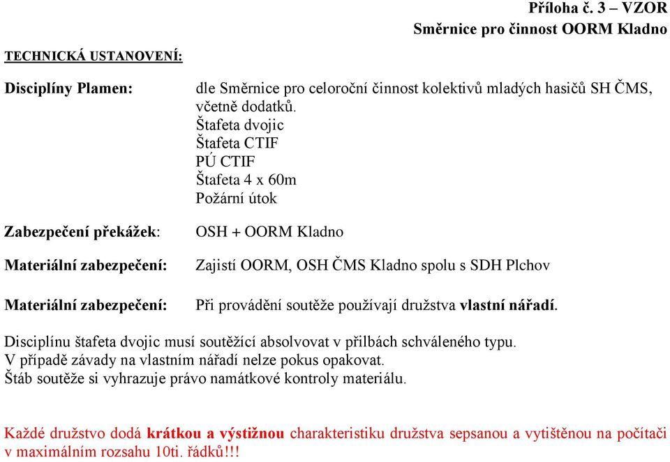 Štafeta dvojic Štafeta CTIF PÚ CTIF Štafeta 4 x 60m Požární útok OSH + OORM Kladno Zajistí OORM, OSH ČMS Kladno spolu s SDH Plchov Při provádění soutěže používají družstva vlastní