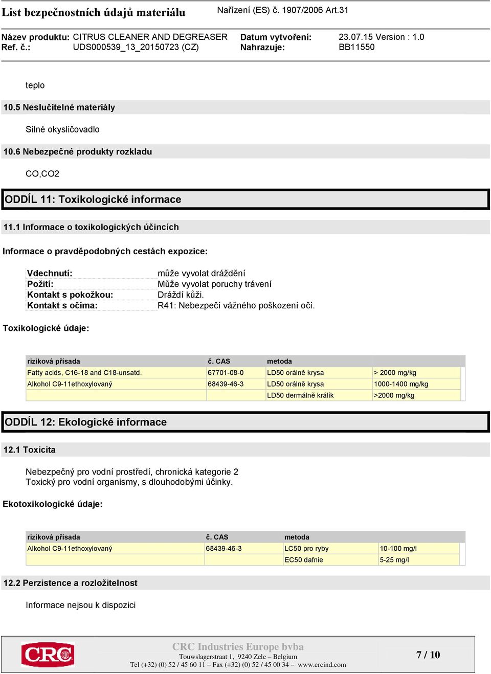kůži. R41: Nebezpečí vážného poškození očí. Toxikologické údaje: riziková přísada č. CAS metoda Fatty acids, C16-18 and C18-unsatd.