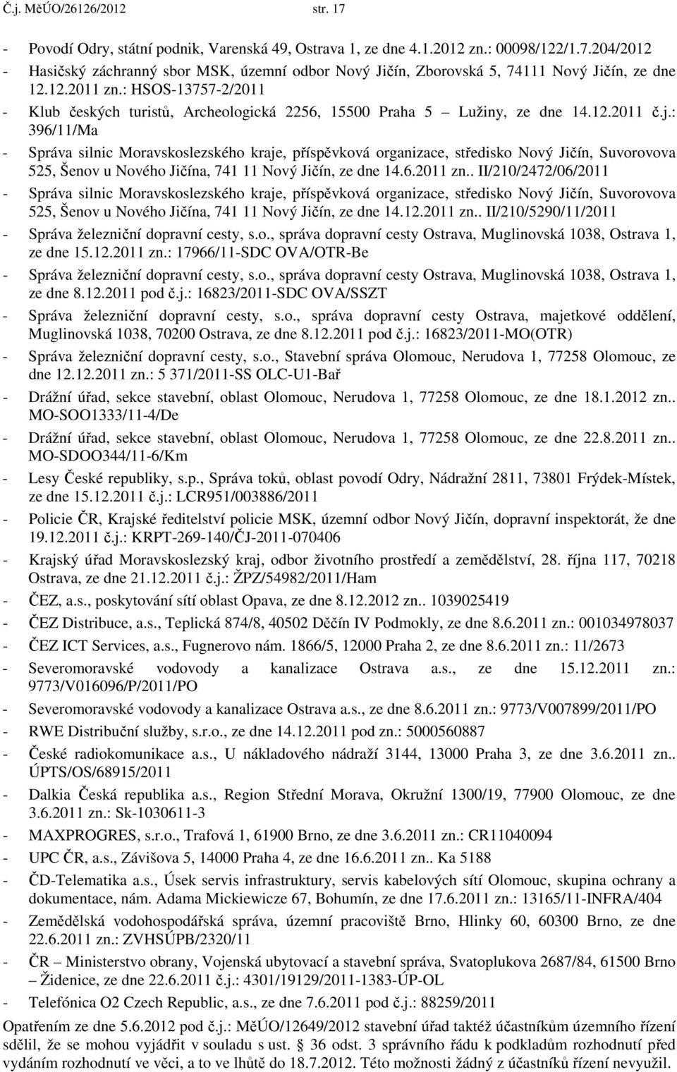 : 396/11/Ma - Správa silnic Moravskoslezského kraje, příspěvková organizace, středisko Nový Jičín, Suvorovova 525, Šenov u Nového Jičína, 741 11 Nový Jičín, ze dne 14.6.2011 zn.