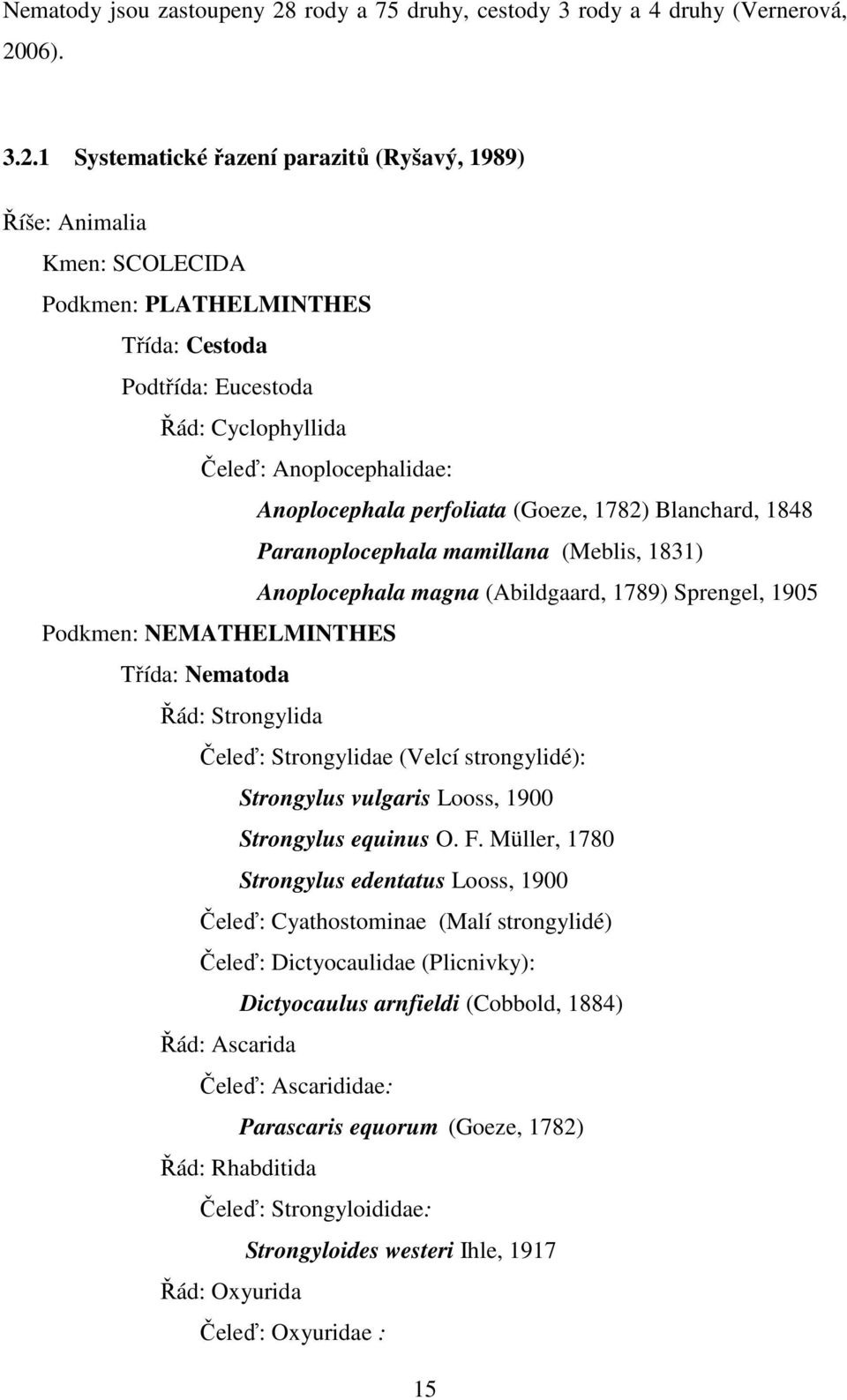 1 Systematické řazení parazitů (Ryšavý, 1989) Říše: Animalia Kmen: SCOLECIDA Podkmen: PLATHELMINTHES Třída: Cestoda Podtřída: Eucestoda Řád: Cyclophyllida Čeleď: Anoplocephalidae: Anoplocephala