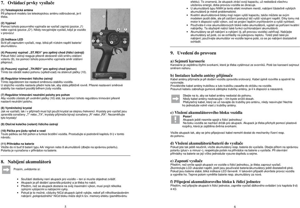(3) Indikace LED Svítí při zapnutém vysílači, resp. bliká při nízkém napětí baterie/ akumulátoru. (4) Posuvný vypínač ST.