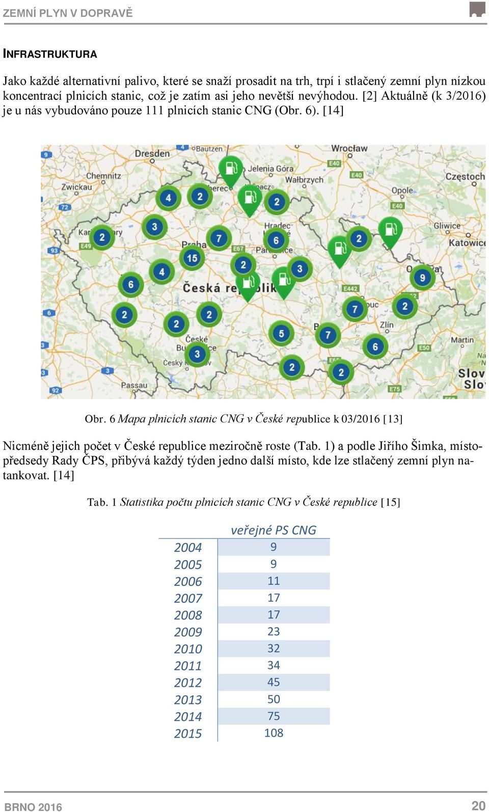 6 Mapa plnicích stanic CNG v České republice k 03/2016 [13] Nicméně jejich počet v České republice meziročně roste (Tab.