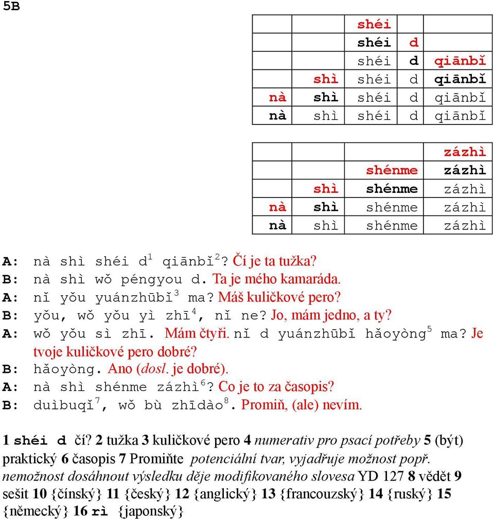 nǐ d yuánzhūbǐ hǎoyòng 5 ma? Je tvoje kuličkové pero dobré? B: hǎoyòng. Ano (dosl. je dobré). A: nà shì shénme zázhì 6? Co je to za časopis? B: duìbuqǐ 7, wǒ bù zhīdào 8. Promiň, (ale) nevím.