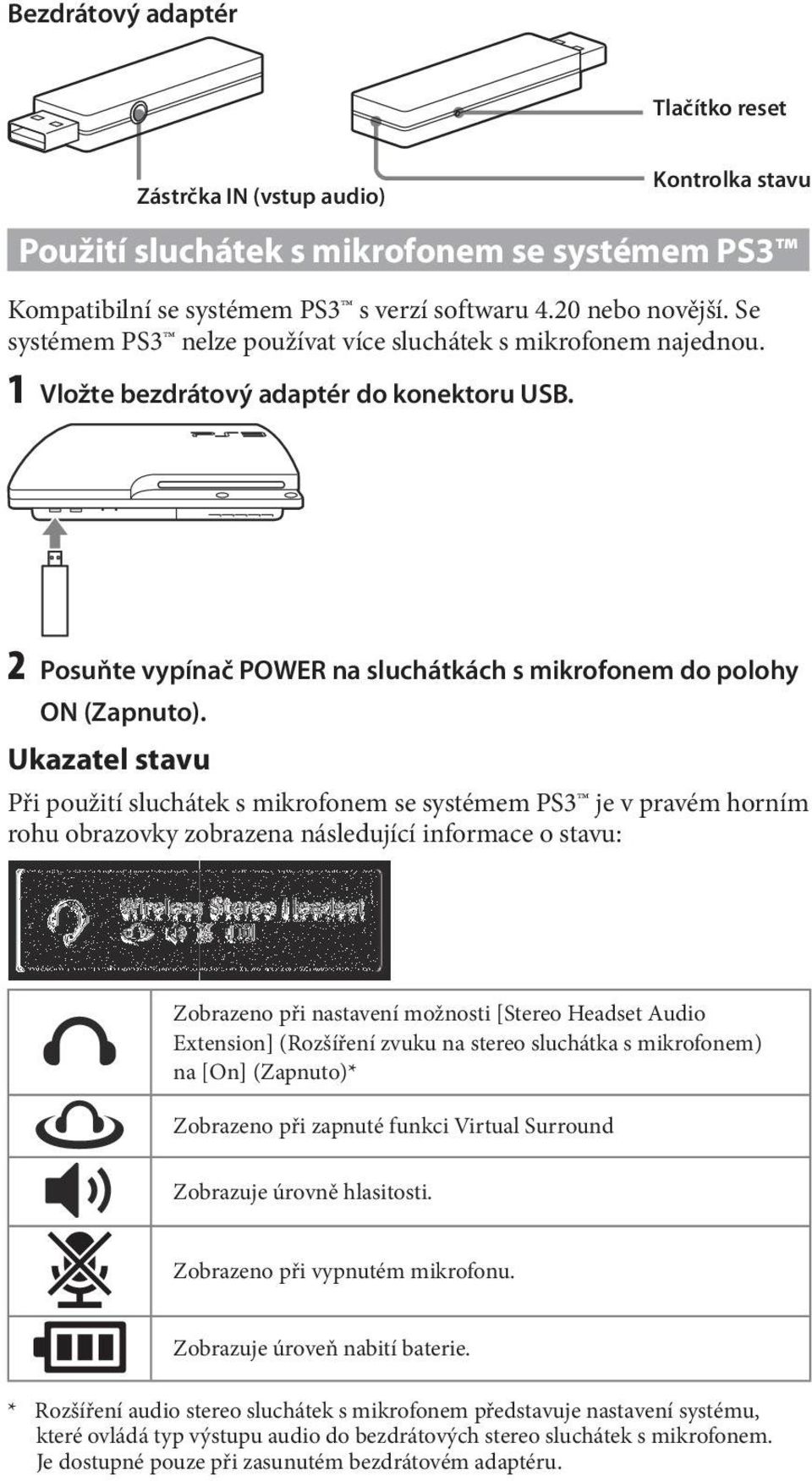 Ukazatel stavu Při použití sluchátek s mikrofonem se systémem PS3 je v pravém horním rohu obrazovky zobrazena následující informace o stavu: Zobrazeno při nastavení možnosti [Stereo Headset Audio