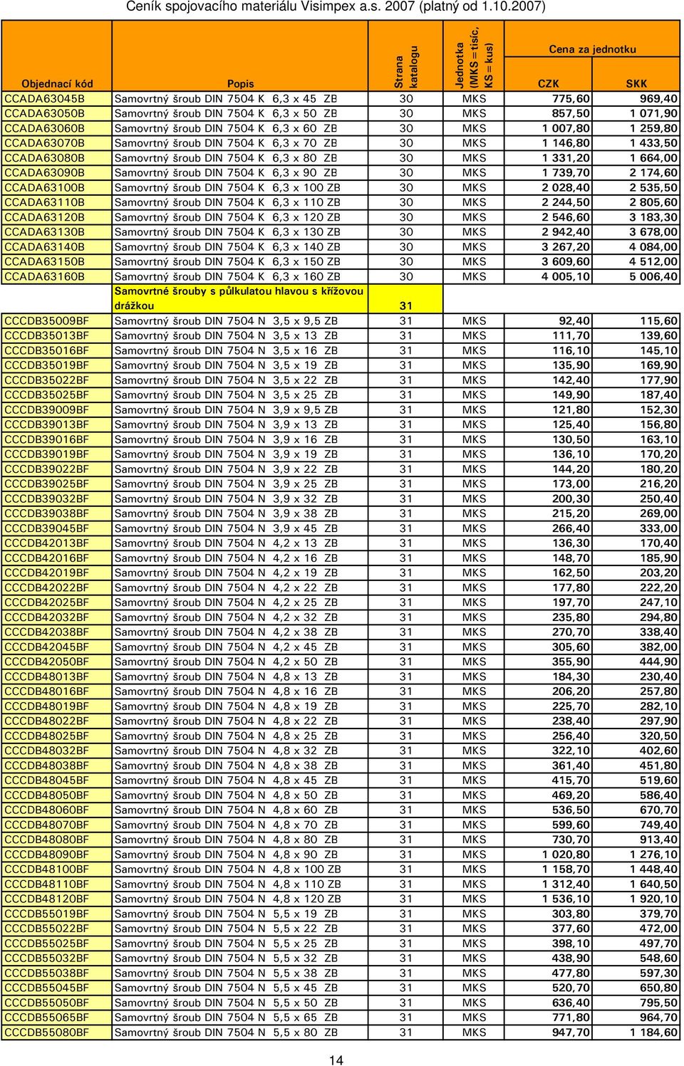 šroub DIN 7504 K 6,3 x 90 ZB 30 MKS 1 739,70 2 174,60 CCADA63100B Samovrtný šroub DIN 7504 K 6,3 x 100 ZB 30 MKS 2 028,40 2 535,50 CCADA63110B Samovrtný šroub DIN 7504 K 6,3 x 110 ZB 30 MKS 2 244,50