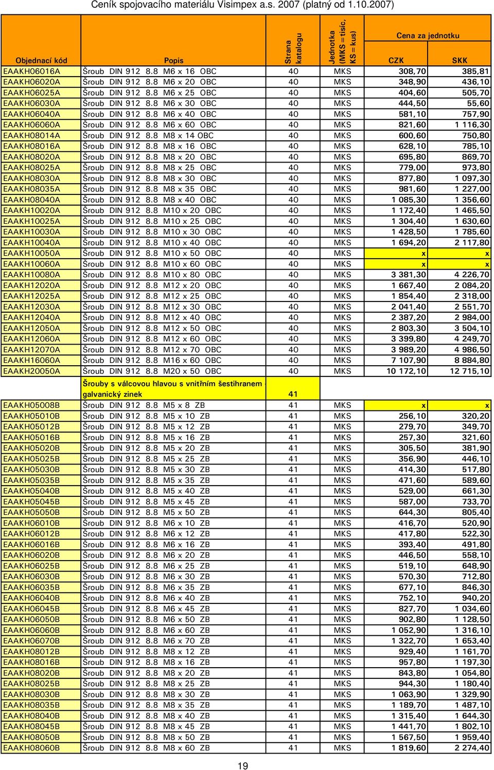 8 M6 x 60 OBC 40 MKS 821,60 1 116,30 EAAKH08014A Šroub DIN 912 8.8 M8 x 14 OBC 40 MKS 600,60 750,80 EAAKH08016A Šroub DIN 912 8.8 M8 x 16 OBC 40 MKS 628,10 785,10 EAAKH08020A Šroub DIN 912 8.